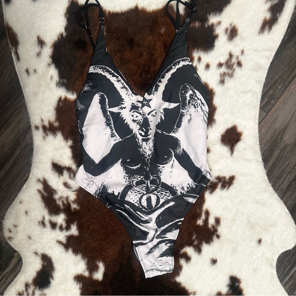 Black and white Baphomet high cut, one piece swimsuit bathing suit size L NWOT